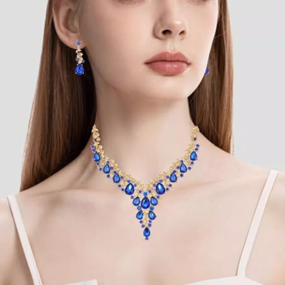 Elegant Crystal Jewelry Set Flower Bridal Necklace Earrings Bangle Wedding - Picture 3 of 8